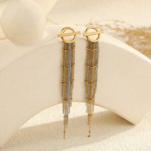 BEST SELLERS two pair modern two tone stainless steel tassel earrings for women, pvd gold & silver long fringe dangle earrings, lightweight statement jewelry