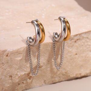 BEST SELLERS two pair modern two tone stainless steel tassel earrings for women, gold & silver long fringe dangle earrings, lightweight statement jewelry