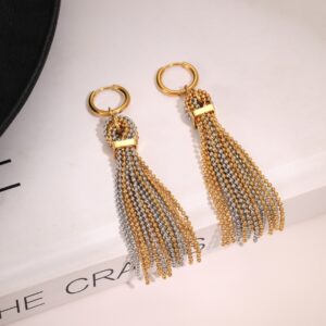 BEST SELLERS modern two tone stainless steel tassel earrings for women, pvd gold & silver long fringe dangle earrings, lightweight statement jewelry (复制)