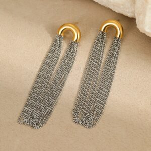 BEST SELLERS two pair modern two tone stainless steel tassel earrings for women, gold & silver long fringe dangle earrings, lightweight statement jewelry